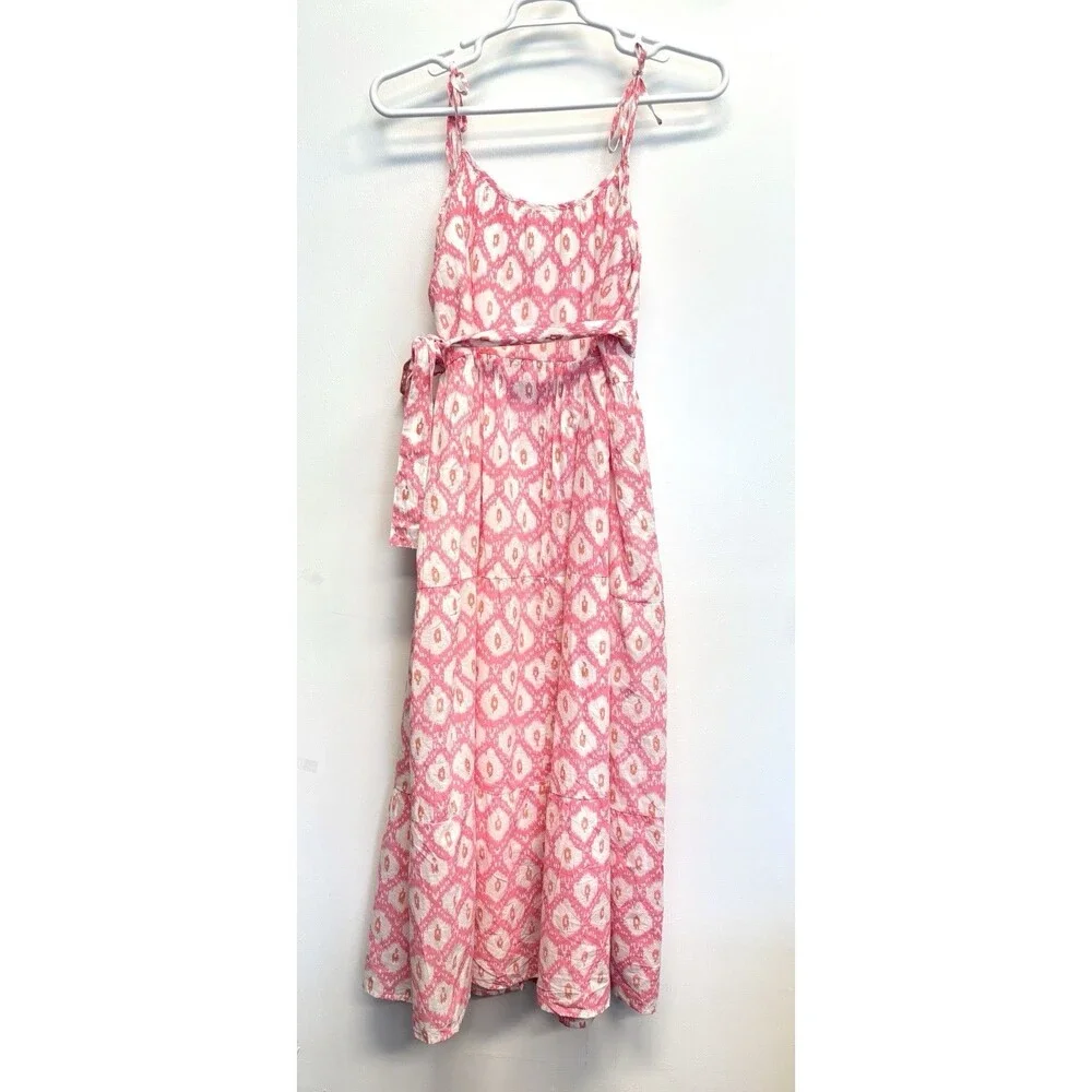 Marea Belted Siesta Maxi Dress Pink Ikat Print Bohemian Peasant Coquette Sz M
